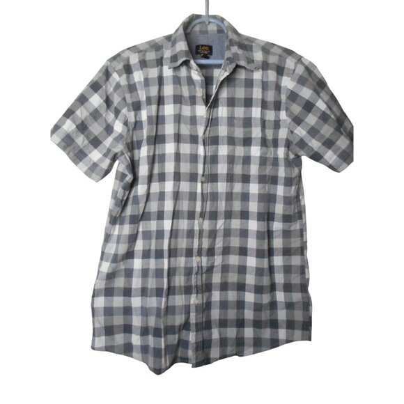 Black Grey white checked Lee Sz L cotton blend button front shirt short sleeve - Picture 1 of 4